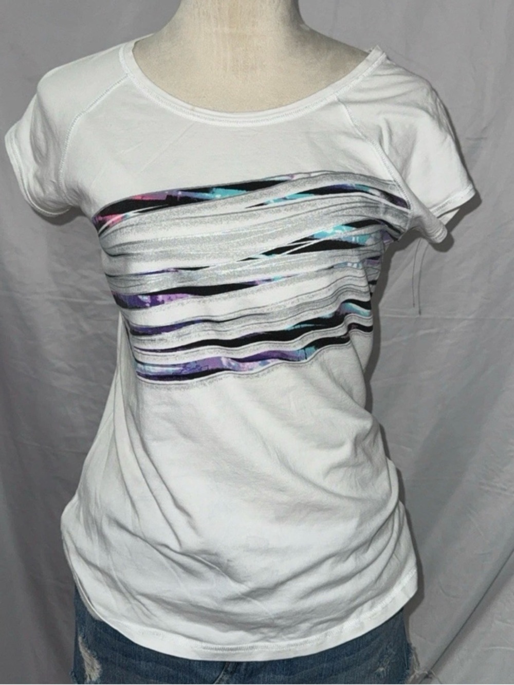 Ideology White Short Sleeve Tee with Blue and Purple Stripes